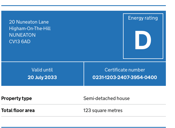 EPC for Nuneaton Lane, Higham-on-the-Hill, Warwickshire