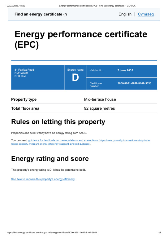 EPC for Fairfax Road, Norwich, NR4