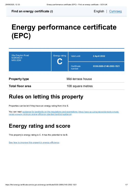 EPC for Drayton Road, Norwich, NR3