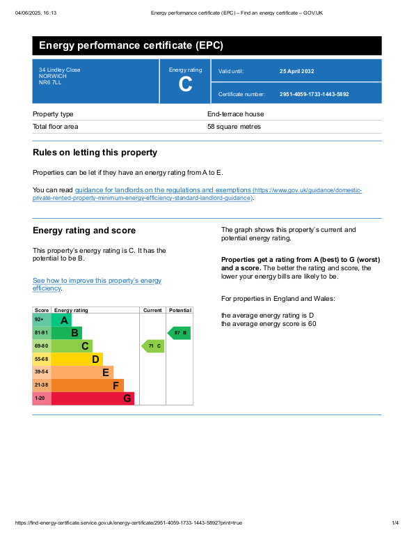 EPC for Lindley Close, Norwich, Norfolk, NR6 7LL