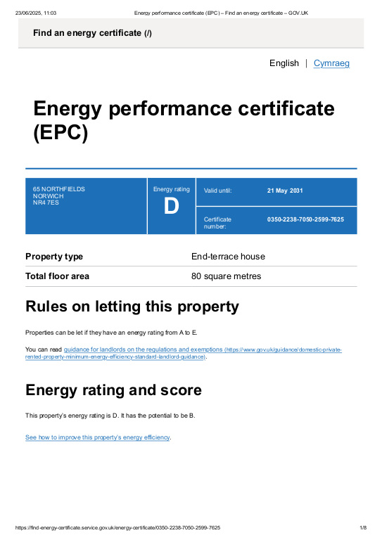 EPC for Northfields, Norwich, NR4 7ES