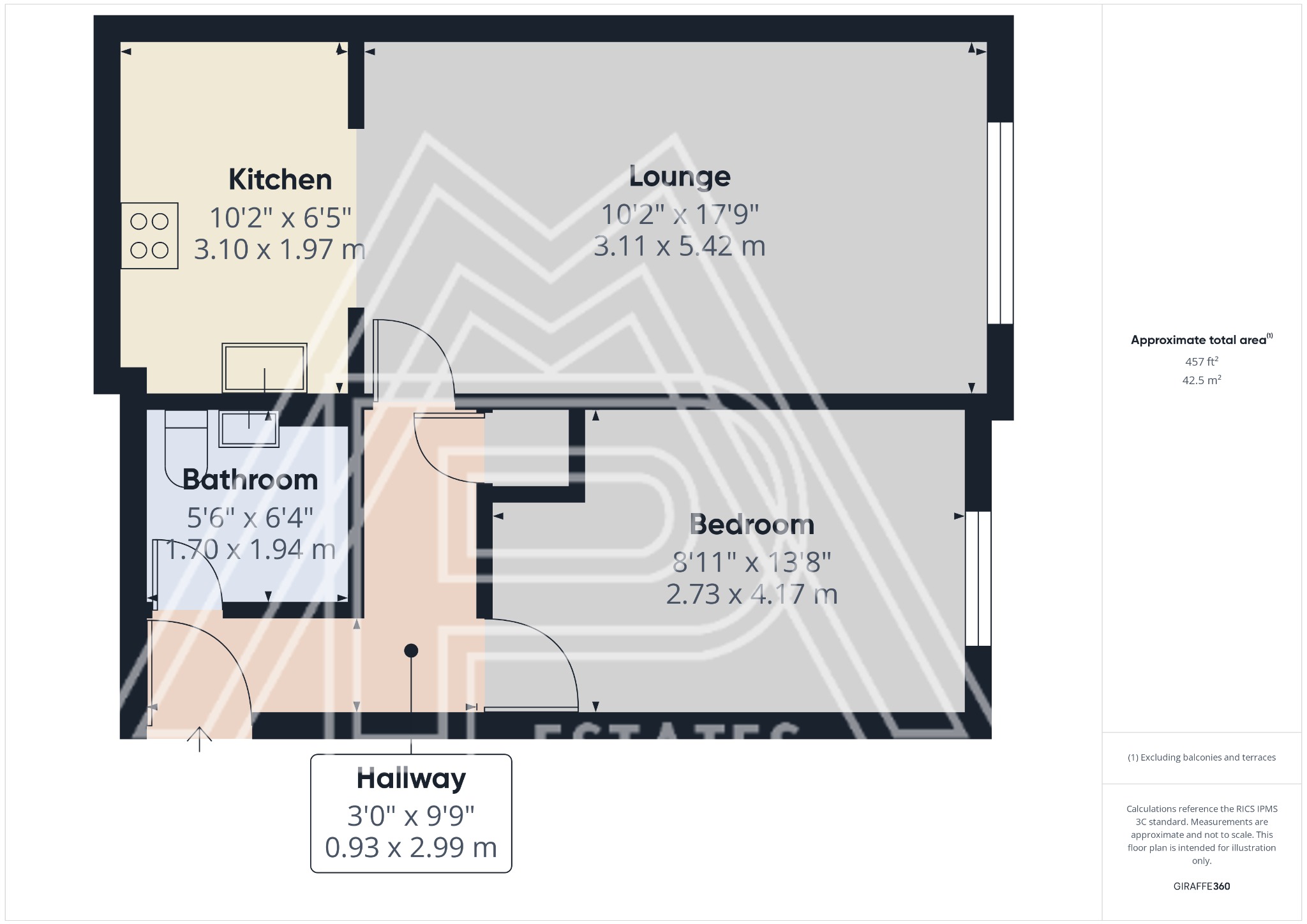 Floor plan of a one-bedroom flat in Archers Court, South Ockendon, showing layout with kitchen, lounge, bedroom, bathroom, and hallway dimensions, ideal for rental property overview.