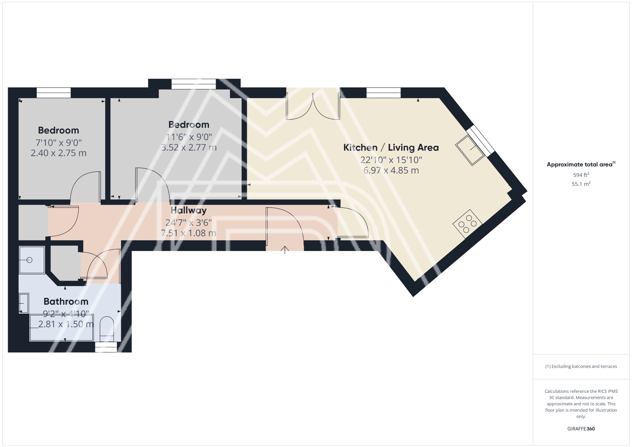 Floor plan of a two-bedroom flat, featuring bedrooms, bathroom, hallway, and a spacious kitchen/living area, with dimensions labeled for each room, designed for a property listing in Purfleet-on-Thames.